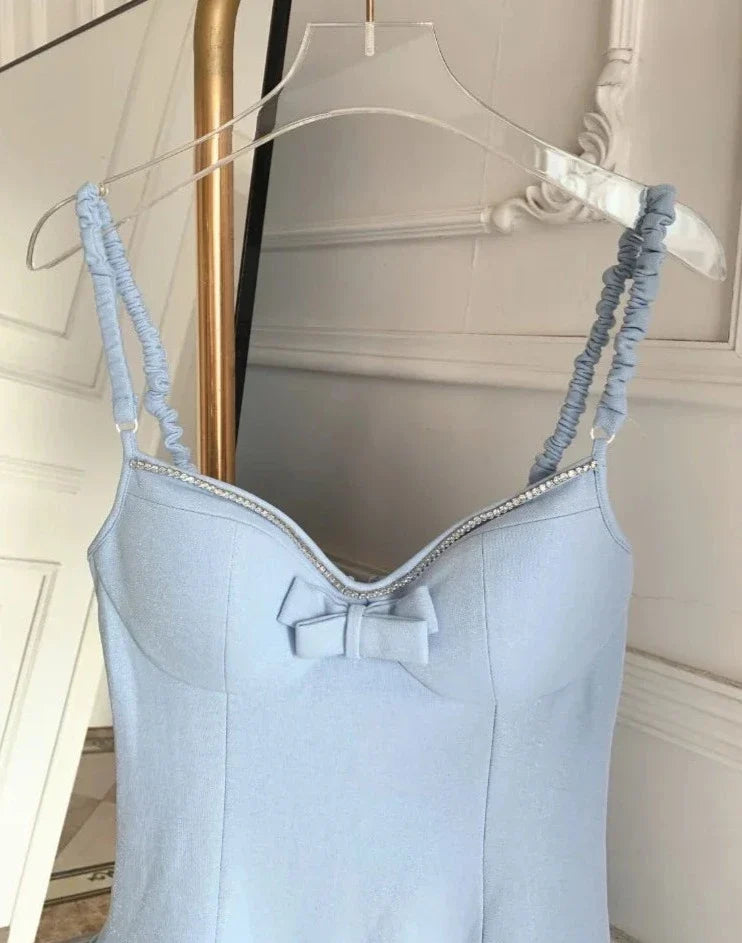 Strap Ballet Fishtail Dress Women Spring Summer New High Quality Bow Luxury Diamond Skirt+Hollow Cardigan Two-piece Set