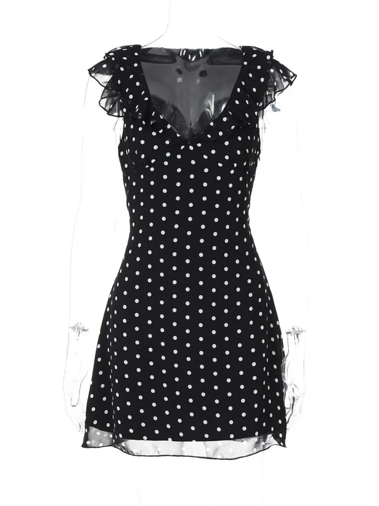 Sexy Mesh Patchwork Mini Dress Female Sleeveless V-Neck Contrast High Waist Slim Party Dress For Women Summer Y2k Dress