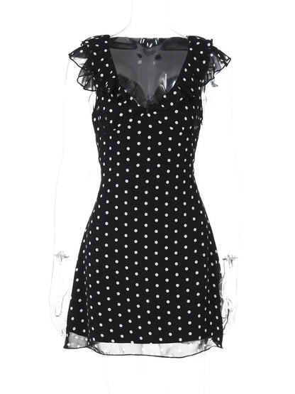 Sexy Mesh Patchwork Mini Dress Female Sleeveless V-Neck Contrast High Waist Slim Party Dress For Women Summer Y2k Dress