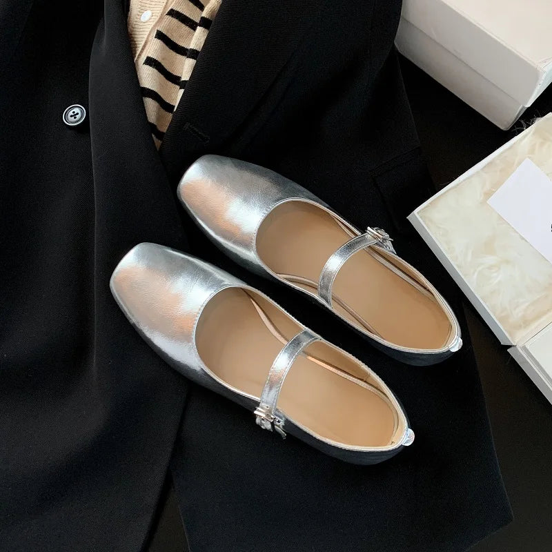 Casual Women Flats Spring Summer Office Ladies Silver Metal Color Mary Janes Shoes Woman Retro Style Concise Comfortable Flats