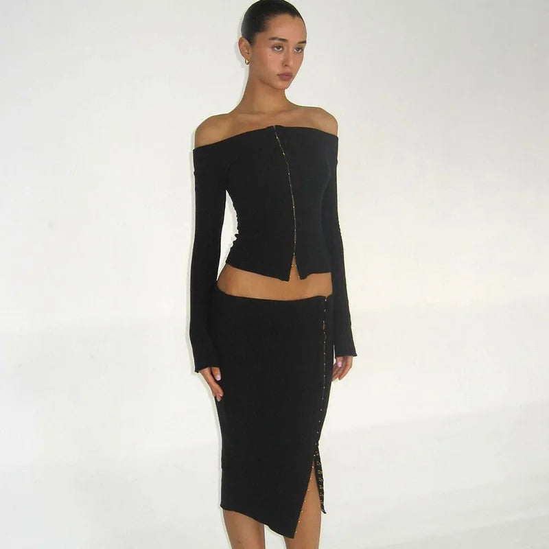 Sexy Split Skirt Suit For Women One-Shoulder Single Breasted Long Sleeves Top Slim Fit Skirt Elegant Party Club Outfits