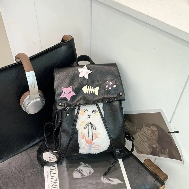 Soft Leather Star Y2K Academy Style Spicy Girl Backpack Fashion Causal PU Black Backpacks