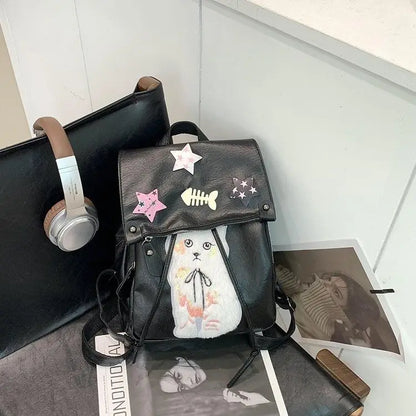Soft Leather Star Y2K Academy Style Spicy Girl Backpack Fashion Causal PU Black Backpacks