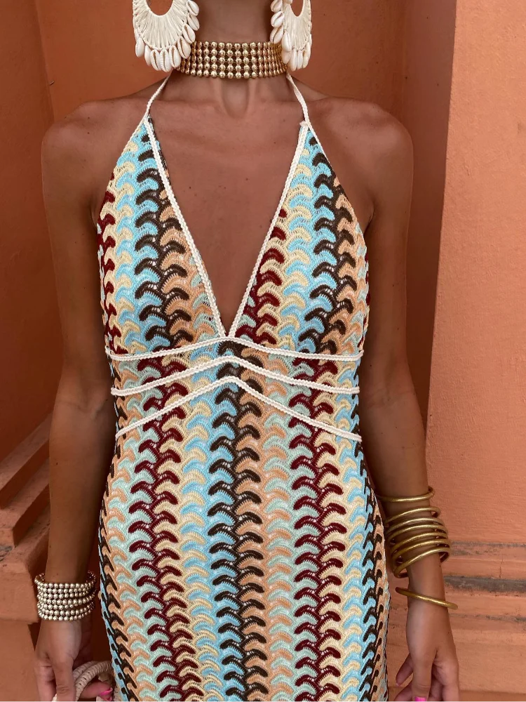 Halter Deep V Crochet Wave Pattern Column Maxi Dress