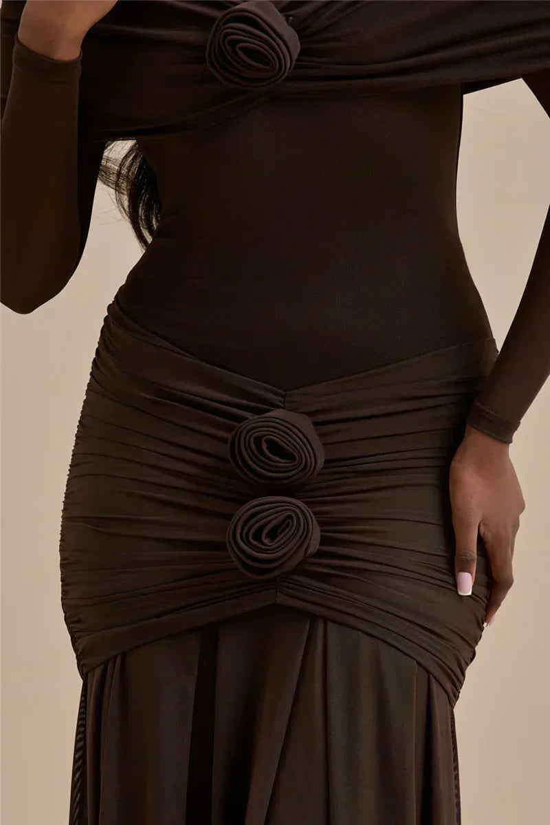 Off Shoulder Mesh Sleeve Ruched Rosette Applique Mermaid Maxi Dress
