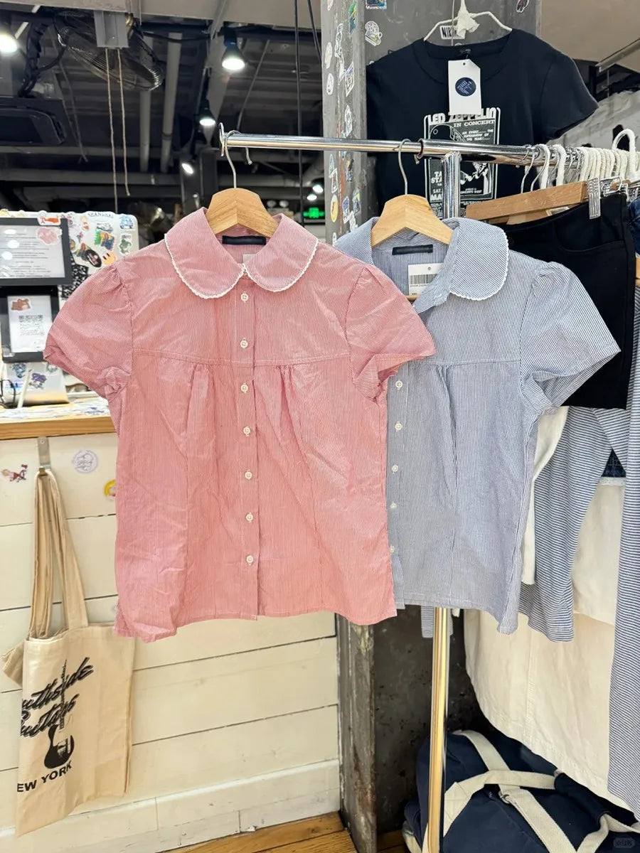 Pink Striped Peter pan Collar Blouse Women Casual Preppy Style Button Short Sleeve Tees Sweet Vintage Cute T-shirts Y2K Tops New