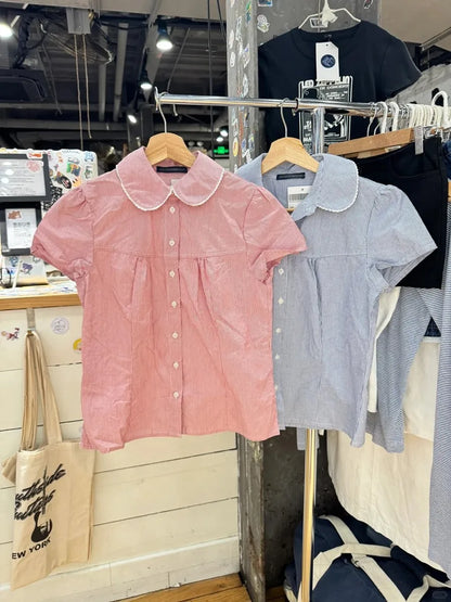 Pink Striped Peter pan Collar Blouse Women Casual Preppy Style Button Short Sleeve Tees Sweet Vintage Cute T-shirts Y2K Tops New