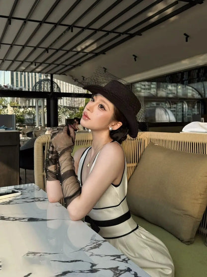 French Retro Deep V-neck Lace Splicing Bow Contrasting Color Waist Dress Premium Birthday Dress