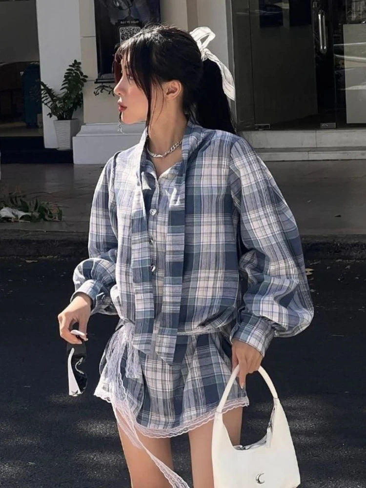 Elegant Plaid Dress Women Y2k Lantern Sleeve Low Waist Short Skirt Lace Up Summer Spring Harajuku Oversize Mini Dress