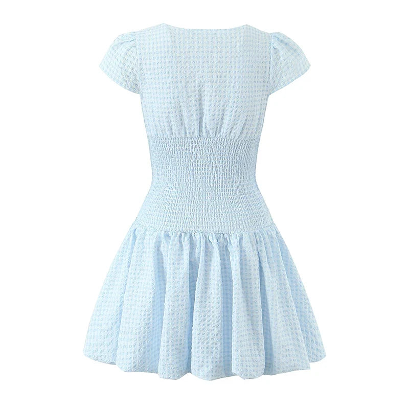 Light Blue Plaid Slim Fit Bud Mini Dress Women Short Sleeve O Neck Casual Holiday Summer Dresses Female 2026 Robe