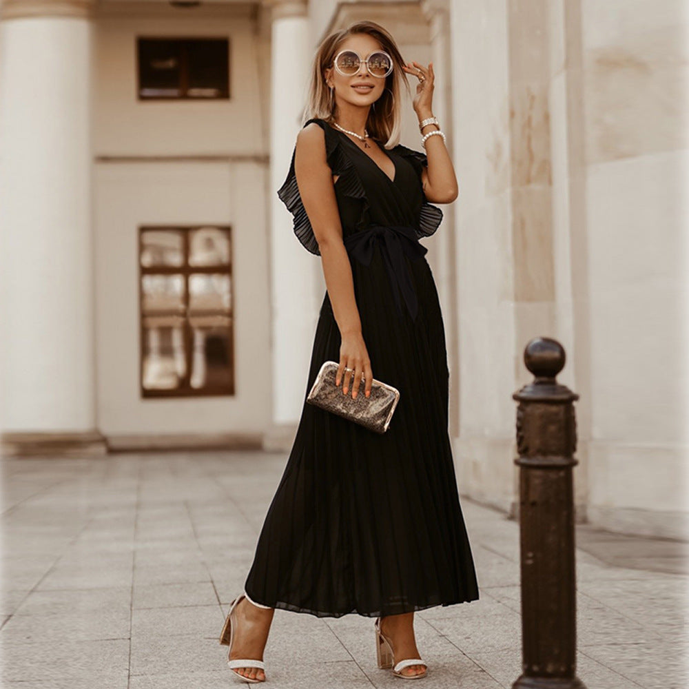 Deep V Ruffle Shoulder Belted Accordion Pleat Maxi Dress
