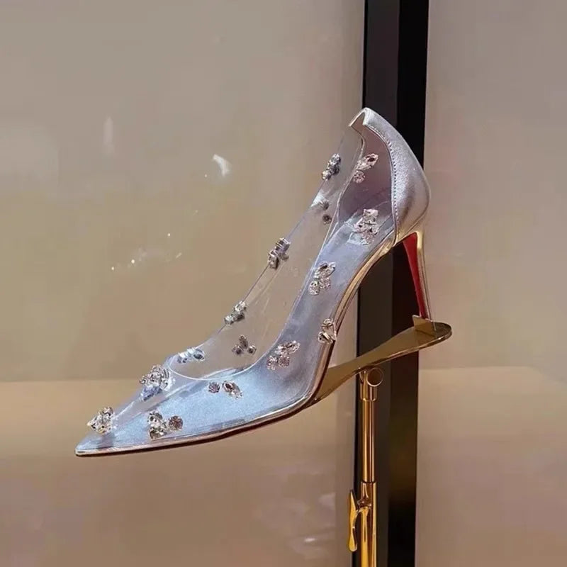Silver Transparent Rhinestone High Heels Women 2025 Summer Banquet Red Bottom Fine Heel Crystal Wedding Shoes Tacones Mujer