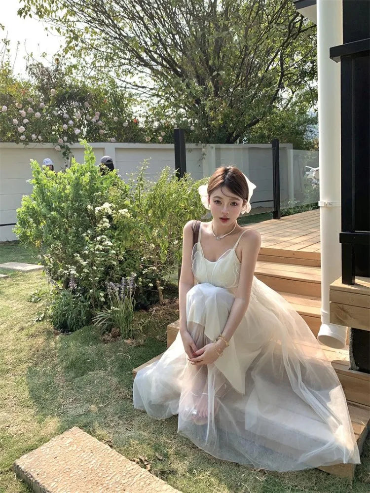 Woman Dress Sleeveless Butterfly Mesh Patchwork Slim Backless Holiday Princess Sweet Elegant Dresses Female Chic