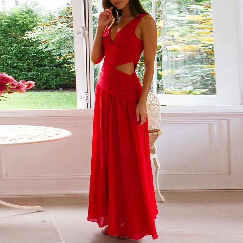 Simple Solid Color Hollow Backless Women's Dress New Summer Casual Sleeveless Pleated Long Dress Fashion Lady V-neck Robe Dress