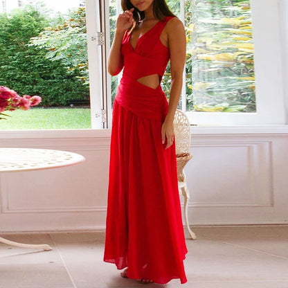 Simple Solid Color Hollow Backless Women's Dress New Summer Casual Sleeveless Pleated Long Dress Fashion Lady V-neck Robe Dress