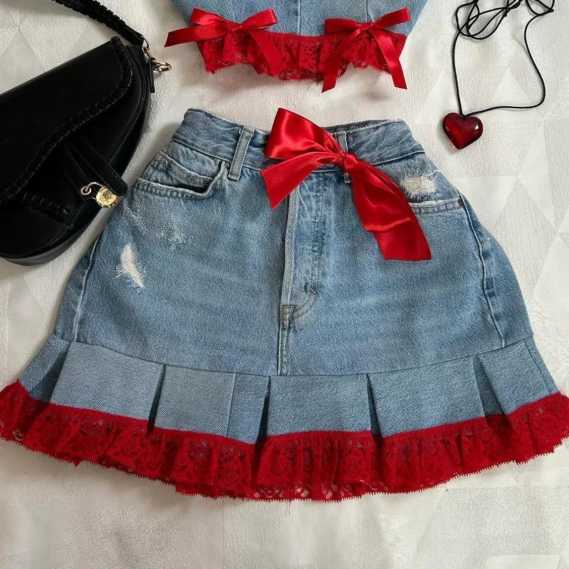 Y2K Knitted Splicing Short Skirt Two Piece Set Women Knitted Long Sleeved Sweater Cute Bow Mini Pleated Skirt Autumn Winter Suit