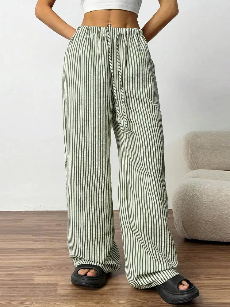 Striped Drawstring Wide Leg Pants Elastic Waist Lightweight Trousers for Summer Office Casual Vacation Wear Women Slack