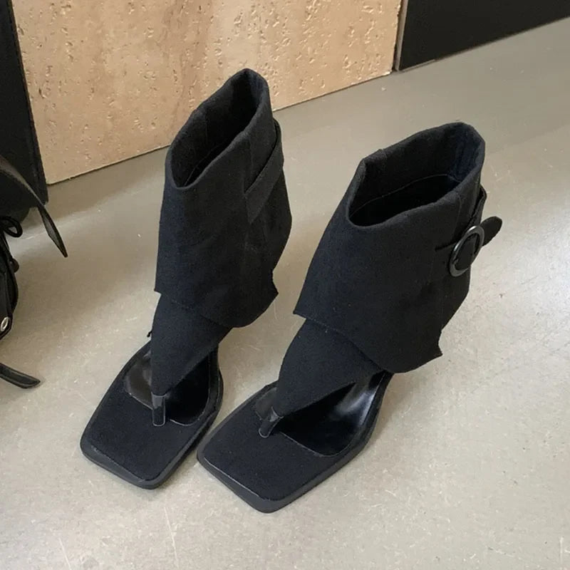 Autumn Black Women Ankel Boots Fashion Open Toe Sandal Shoes Thin High Heel Ladies Elegant Short Boots Dres Pumps Shoes