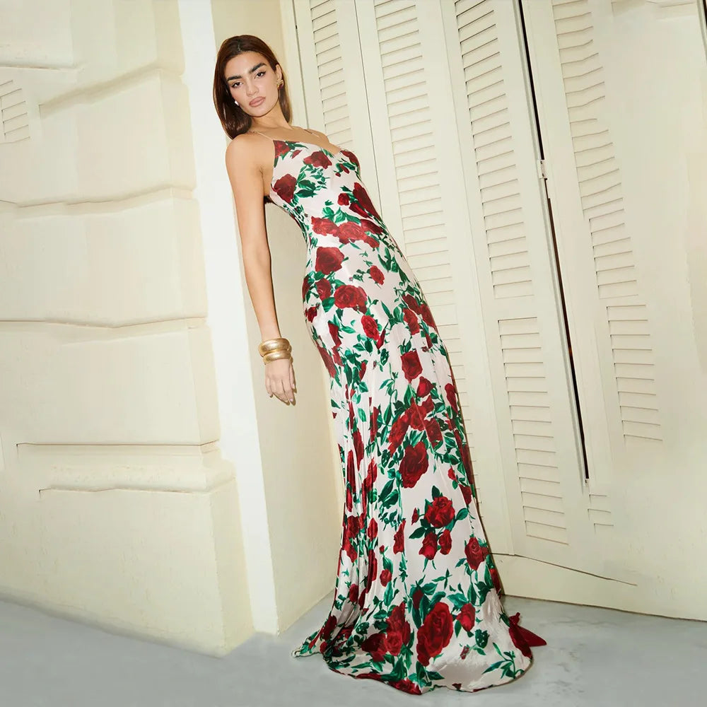 Deep V Spaghetti Strap Floral Print Bodycon Maxi Dress