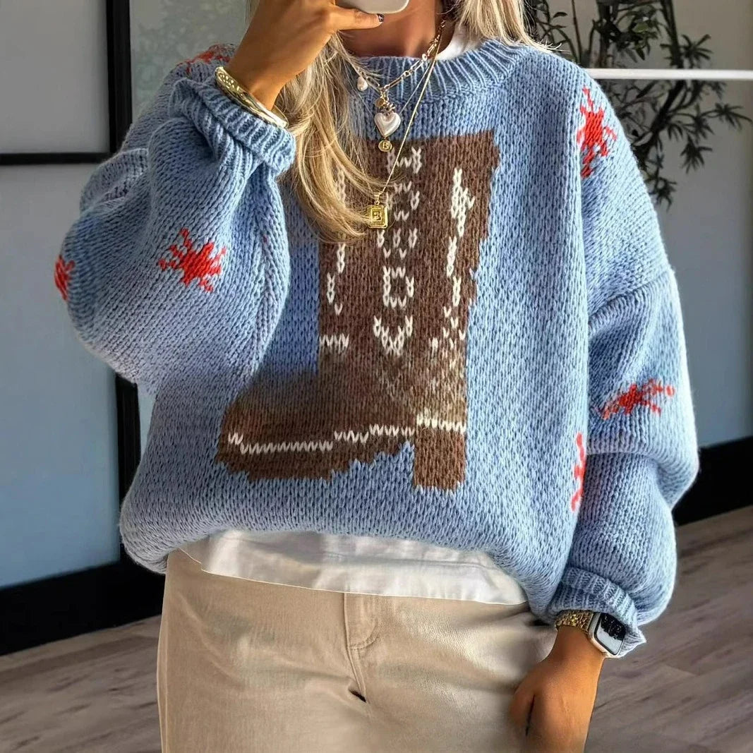 Autumn and Winter Fashion New Round Neck Long Sleeve Medium Length Women's Knitted Shirt