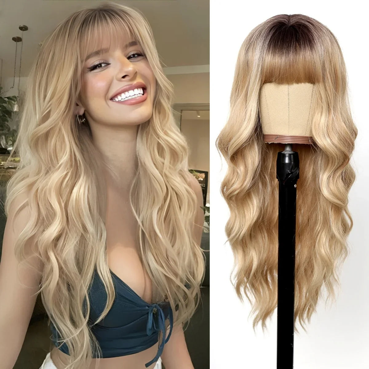Ombre Blonde Wig with Bangs Long Wavy Wig for Women Highlight Platinum Curly Synthetic Wig Cosplay Party Daily Heat Resistant