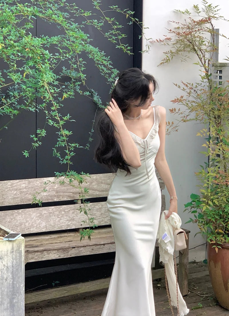 White Satin Spaghetti Strap Long Dresses for Women Summer New Elegant Party Sweet Sleeveless Female Clothing Holiday Casual