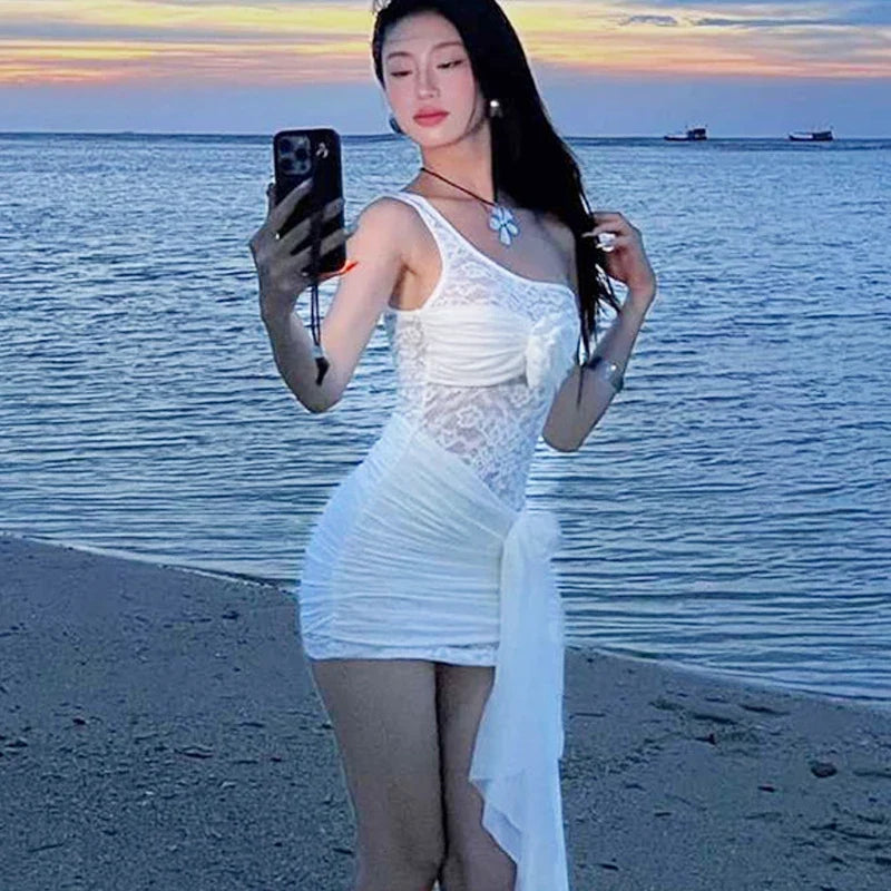 Lace Hollow Out Single Shoulder Dress For Women Solid Color Fold 3D Flower Lace Up Summer Party New Wrap Buttocks Dress