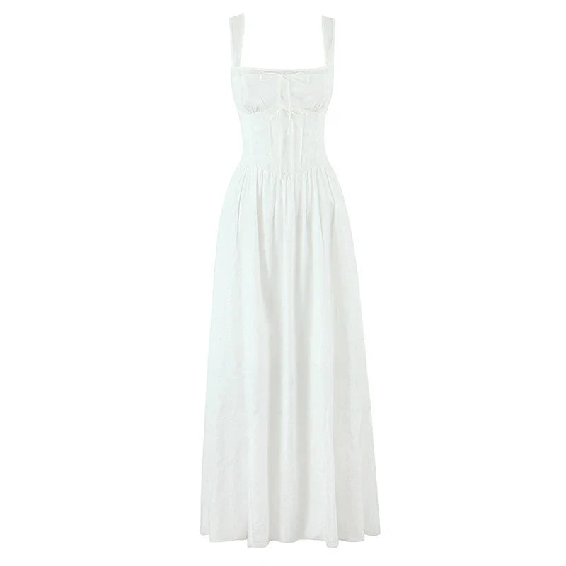 Lace Spliced Elegant White Dress Women Square Neck Sleeveless A-line Summer Long Dresses Holiday Party Robe