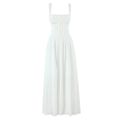 Lace Spliced Elegant White Dress Women Square Neck Sleeveless A-line Summer Long Dresses Holiday Party Robe