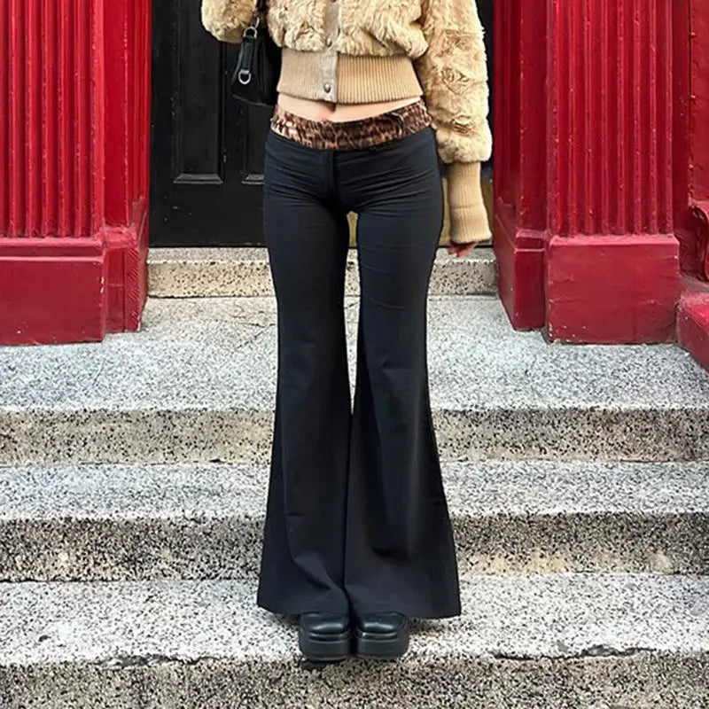 Leopard Print Patchwork Low Waist Flared Pants For Women To Slim Down Fashionable 2024 Spring Casual Solid Color Trousers