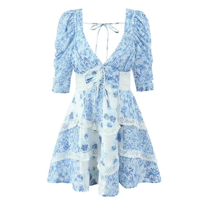 Summer Women Blue Floral Print A-line Mini Dresses Sexy Backless V Neck Lace Spliced Boho Dresses Female Holiday Robe New 2025