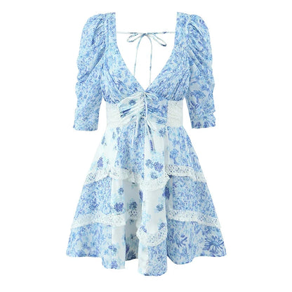 Summer Women Blue Floral Print A-line Mini Dresses Sexy Backless V Neck Lace Spliced Boho Dresses Female Holiday Robe New 2025