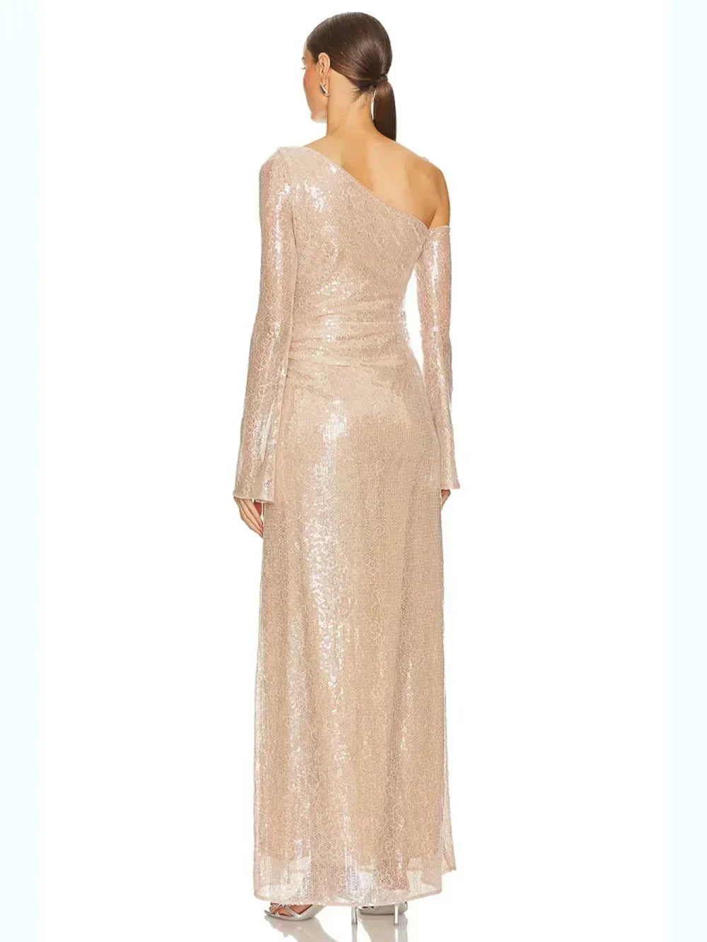 Sequin One-Shoulder Rosette Applique Long Sleeve Column Maxi Gown