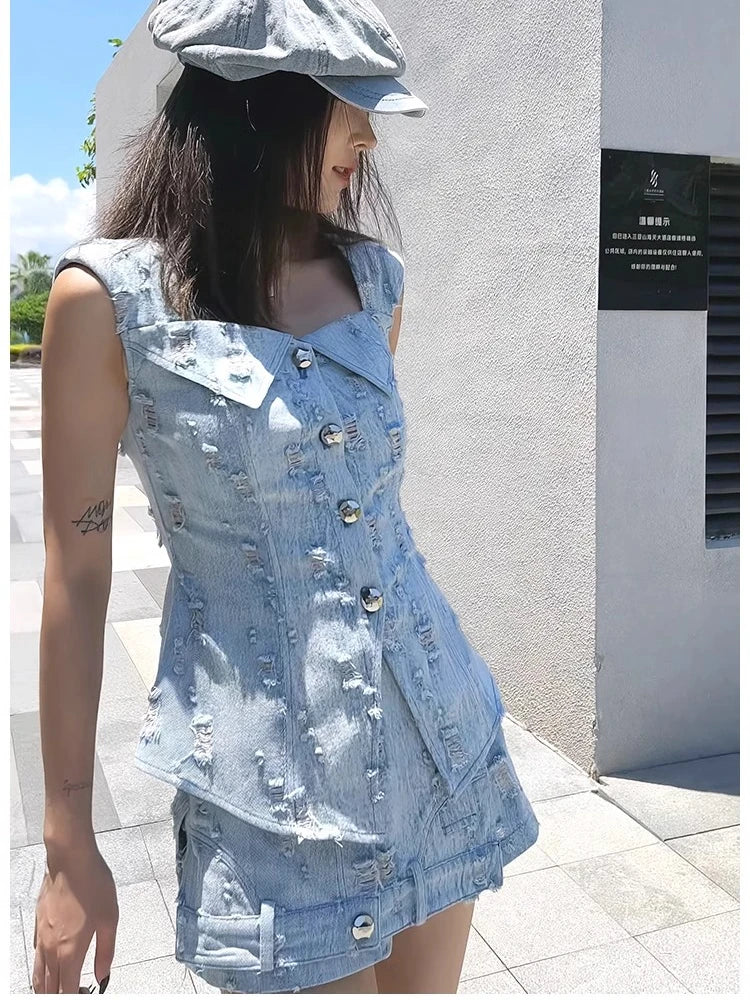 American Spice Girls Denim 2-Piece Set Women's Summer New High Quality Rapped Square Neck Slim Top Vest+A-Line Shorts Suit