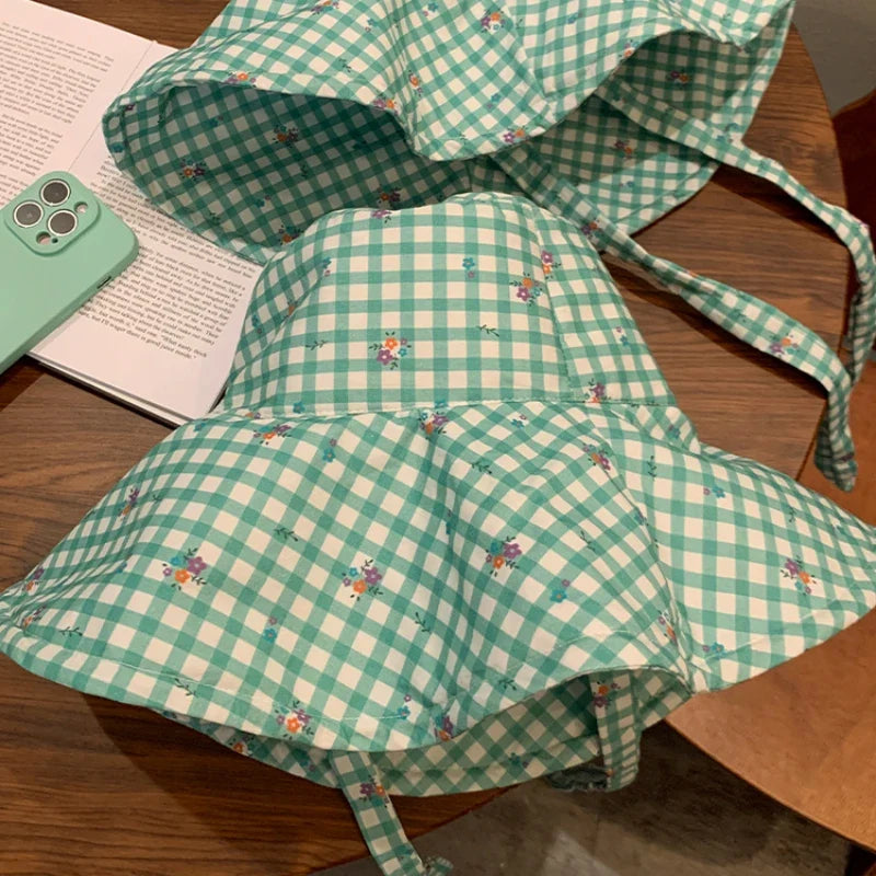 Korean Version Mint Mambo Green Plaid Summer Caps for Women Outdoor Travel Big Brim Sun Protection Versatile Straps Bucket Hat