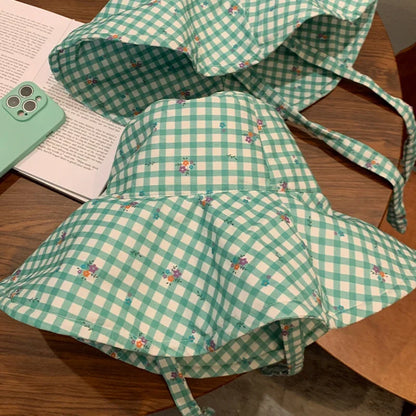 Korean Version Mint Mambo Green Plaid Summer Caps for Women Outdoor Travel Big Brim Sun Protection Versatile Straps Bucket Hat