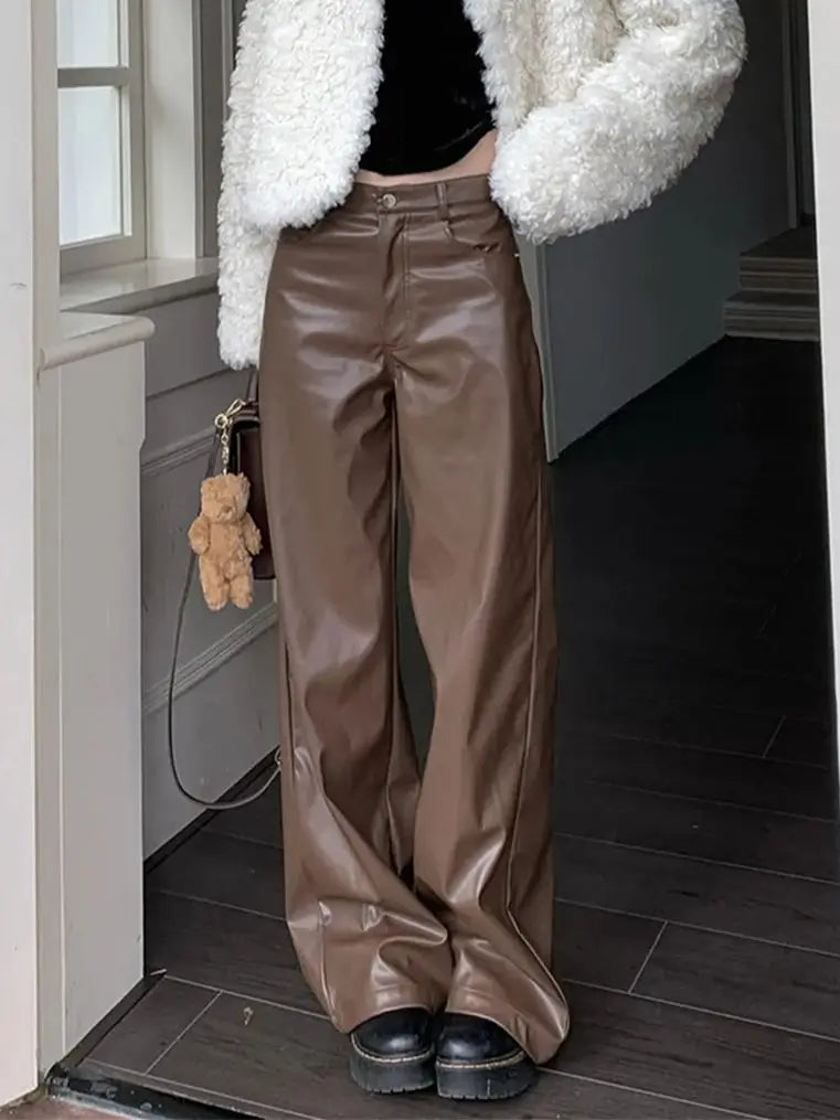 Casual Slim Faux PU Pants Women Chic Slim Autumn Office Lady High Street Fashion New Daily Fashion Loose