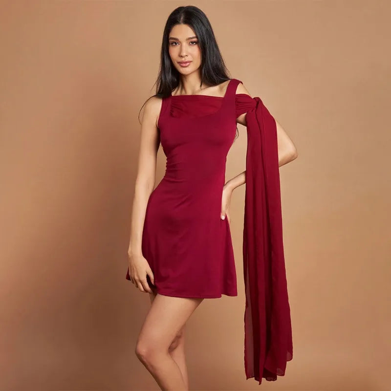 Square Neck Draped Panel Chiffon Sash Shoulder Mini Dress