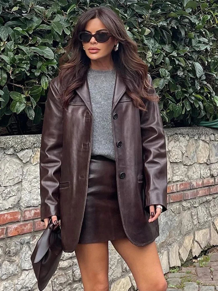 Women's PU Leather Jackets Casual Turn Down Collar Long Sleeve Single Breasted Pockets Loose Female Motorcycle Coat Lady Outwear
