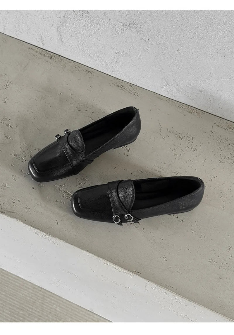 Elegant Burgundy Square Toe Loafers Women Fashion Metal Buckle Stitching Designer Shoes Comfortable Commuting Flat Office Shoes