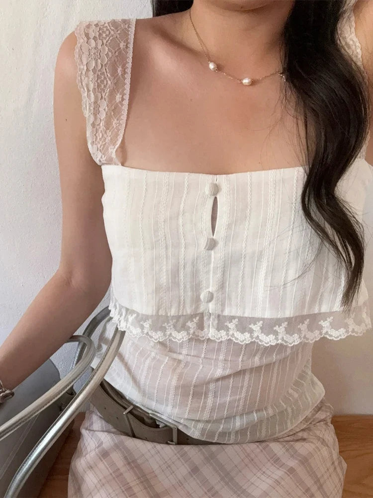 Solid White Lace Strap Cami Tops Women Chic Button Front Sheer Layered Sleeveless Short Sweet Vests Lady Trendy Daily Wear New
