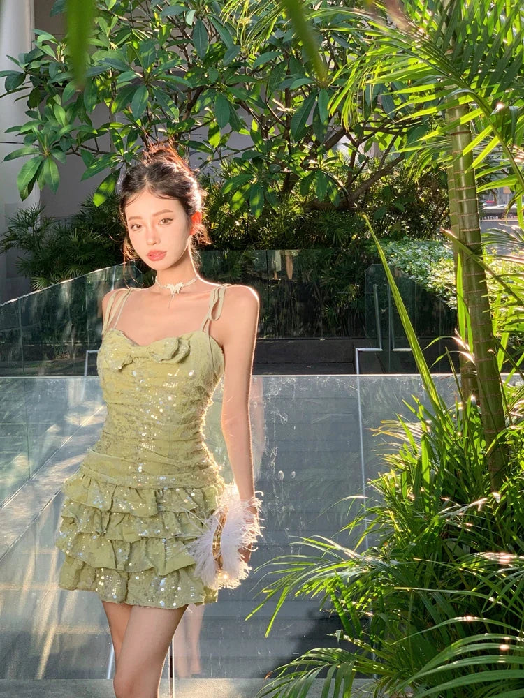 Ruched Ruffles sequin Backless Bodycon Corset Dress For Women Party Summer Elegant Mini Designer Dress Clothing