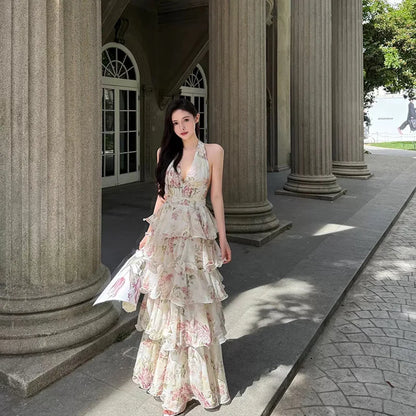 Summer Hot Selling Neckband Rose Flower V-neck Waist Cinched Cake Skirt Chiffon Long Skirt for Women
