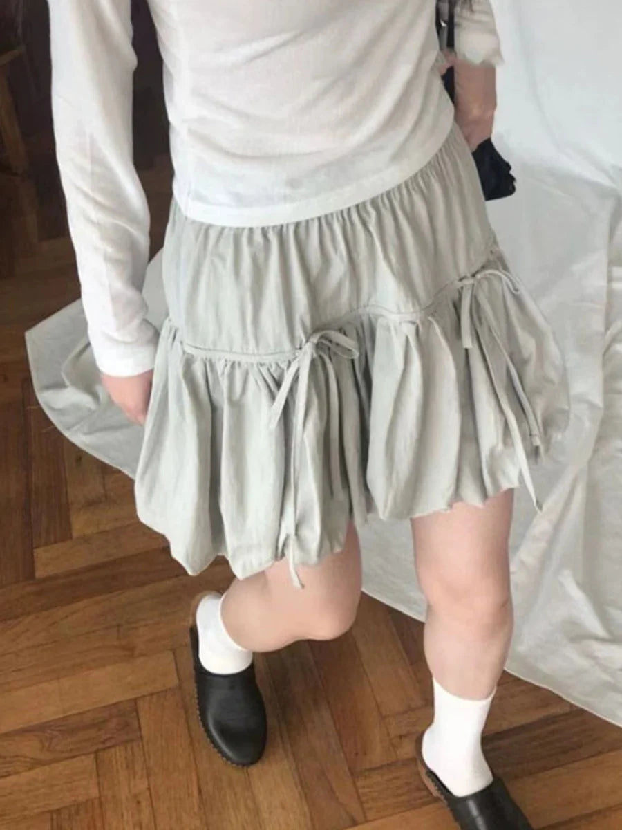 Solid Bow Mini Skirts Women 2024 New Summer Elastic Waist Chic Simple A-line Faldas Bottom Korean Fashion Vintage Casual Skirt