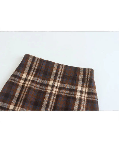 Women's Fashionable Lapel Pocket Decorated Short Jacket Suit Retro Plaid Silhouette Women's Thin Short Skirt Suit