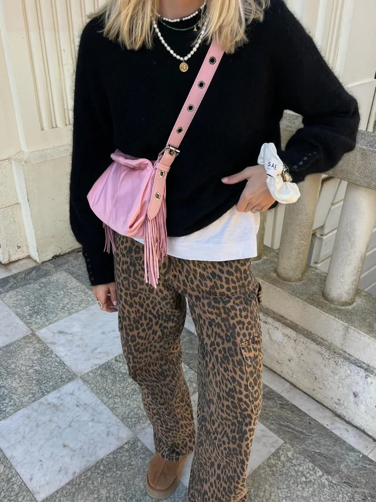 Fashion Leopard Printed Long Pants Women 2024 Spring Summer Slim Pocket High-waist Casual Straight-pants Female Commuter Clothes