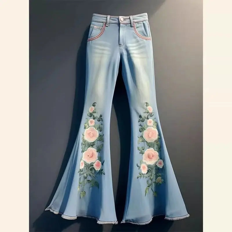 Small Blue Printed Jeans for Women High Waisted Trousers American High Street Loose Thin Pants Spring Fashion 2024