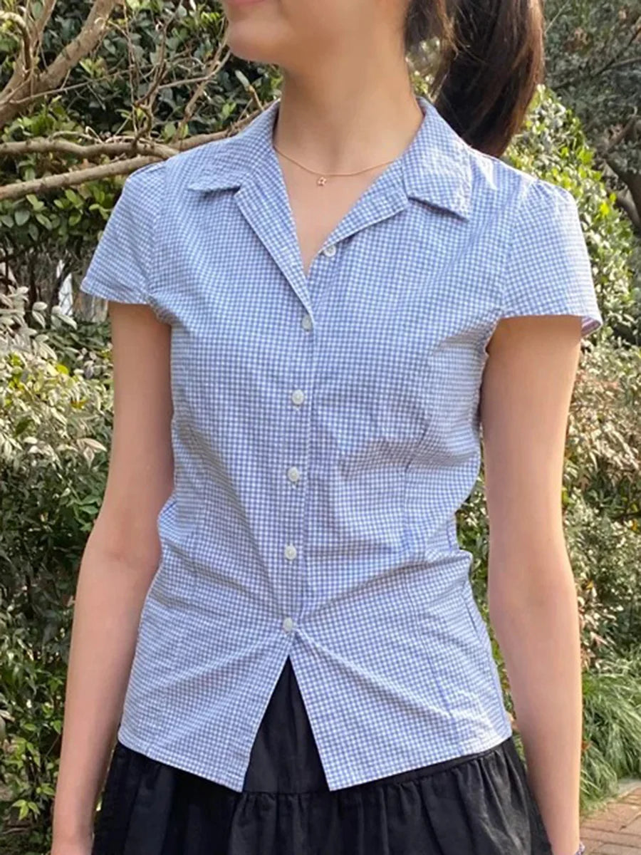 Pink Striped Peter pan Collar Blouse Women Casual Preppy Style Button Short Sleeve Tees Sweet Vintage Cute T-shirts Y2K Tops New