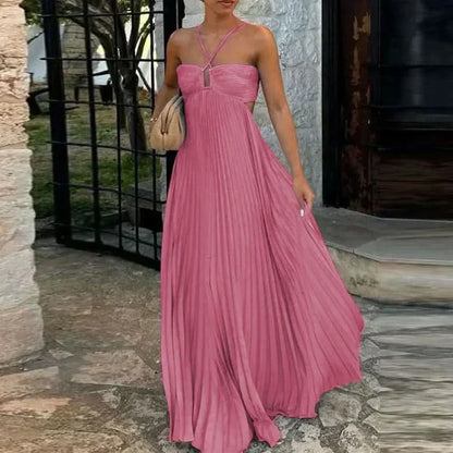 Halter Criss Cross Cutout Waist Sunray Pleat Maxi Dress