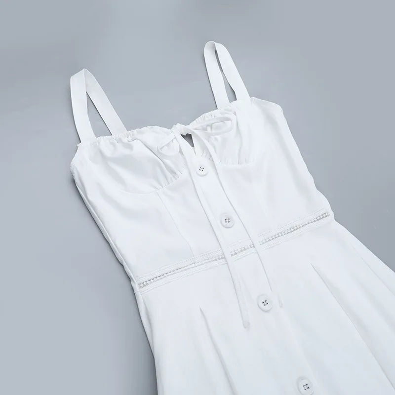 Women's Elegant White Lace-up Square Neck Spaghetti Strap Sleeveless Hollow Waist Slim A Line Long Vacation Summer Dress